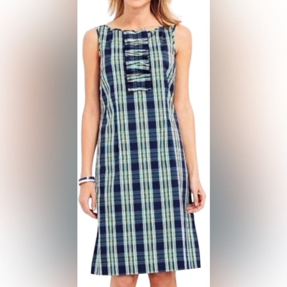Talbots Petite 12P NWT Plaid Sheath Dress Navy Aqua Ruffle Bib cotton stretch